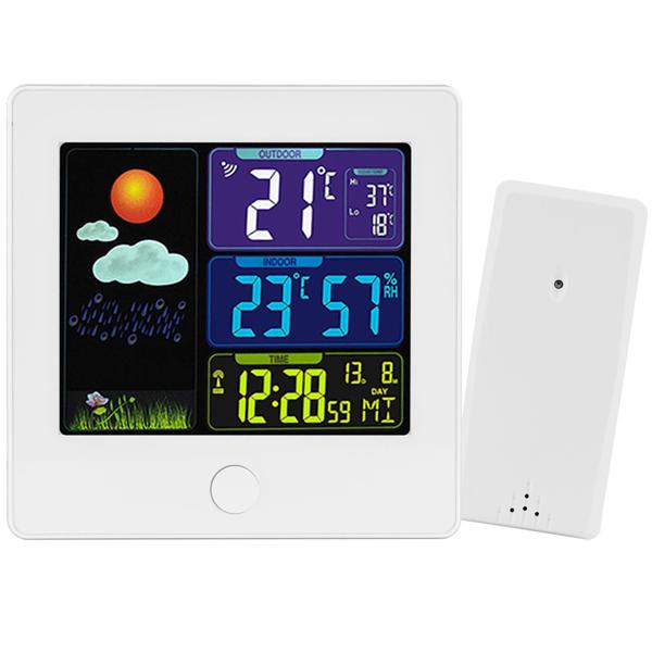 Elegante Funk-Wetterstation (weiss) mit Aussensensor – Thermometer, Hygrometer, Wecker & beleuchtetes Farbdisplay – Komfortable Wetterüberwachung