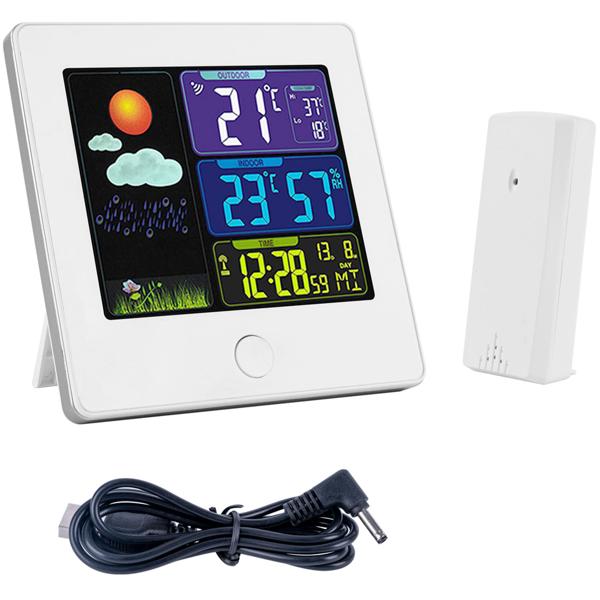 Elegante Funk-Wetterstation (weiss) mit Aussensensor – Thermometer, Hygrometer, Wecker & beleuchtetes Farbdisplay – Komfortable Wetterüberwachung