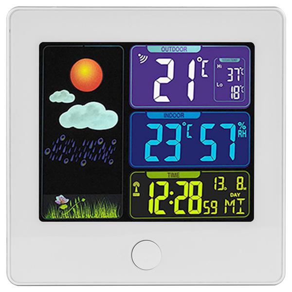 Elegante Funk-Wetterstation (weiss) mit Aussensensor – Thermometer, Hygrometer, Wecker & beleuchtetes Farbdisplay – Komfortable Wetterüberwachung