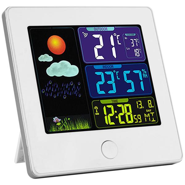 Elegante Funk-Wetterstation (weiss) mit Aussensensor – Thermometer, Hygrometer, Wecker & beleuchtetes Farbdisplay – Komfortable Wetterüberwachung