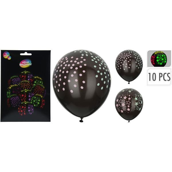 Neonballons 10 Stk. - Leuchten im Dunkeln mit Sternen/Punkten - Witziges Party-Highlight - Ideal für Geburtstag, Feste, Events - Kunststoff/Latex