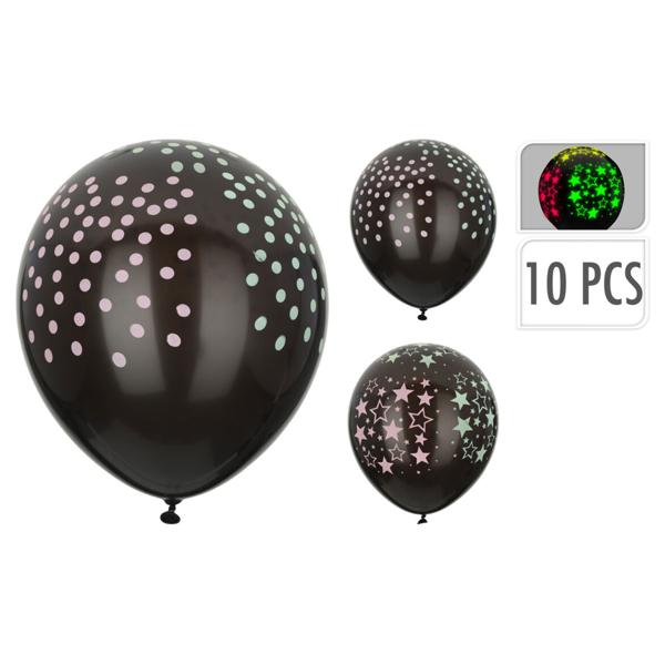 Neonballons 10 Stk. - Leuchten im Dunkeln mit Sternen/Punkten - Witziges Party-Highlight - Ideal für Geburtstag, Feste, Events - Kunststoff/Latex
