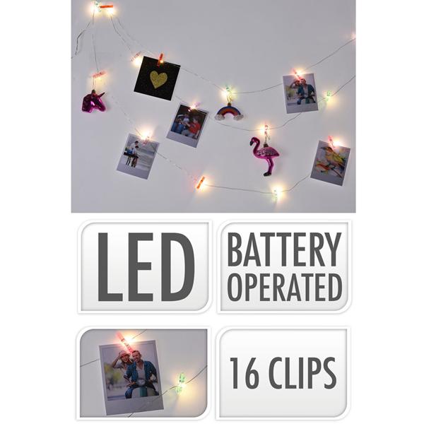 Bilder-Girlande mit 16 LED-Clips - Persönliche Wohnungsdeko für Fotos & Postkarten - 300 cm Länge - Für Eingangsbereich, Wohnzimmer, Küche & Schlafzimmer