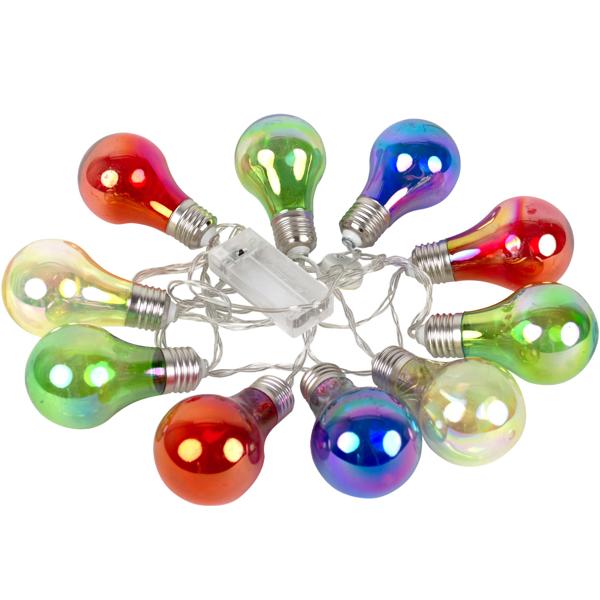 Lichterkette 10 bunte LED-Lampen - Batteriebetrieben - für Partys, Camping, Garten - wetterfest - Ø 6x10 cm - Nostalgischer Glühbirnen-Look