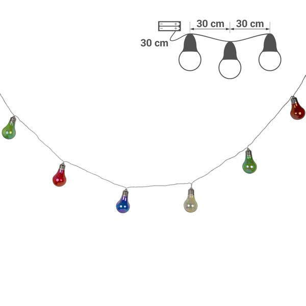 Lichterkette 10 bunte LED-Lampen - Batteriebetrieben - für Partys, Camping, Garten - wetterfest - Ø 6x10 cm - Nostalgischer Glühbirnen-Look