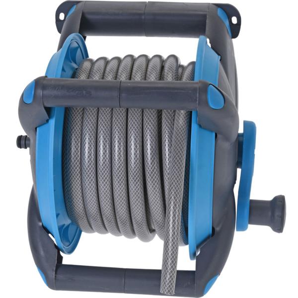 Gartenschlauch-Set (15m, anthrazit-blau): inkl. Halterung zum Aufrollen + Sprühkopf - Wandmontage möglich - für Garten, Terrasse, Balkon