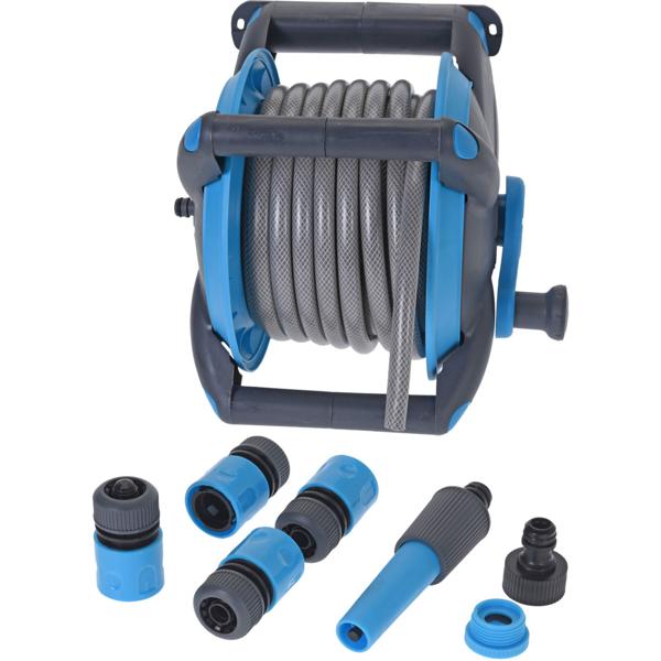 Gartenschlauch-Set (15m, anthrazit-blau): inkl. Halterung zum Aufrollen + Sprühkopf - Wandmontage möglich - für Garten, Terrasse, Balkon