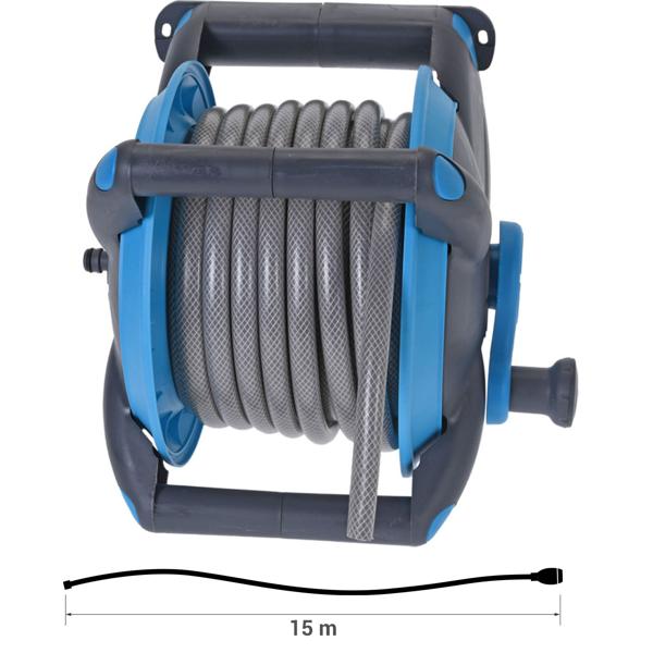 Gartenschlauch-Set (15m, anthrazit-blau): inkl. Halterung zum Aufrollen + Sprühkopf - Wandmontage möglich - für Garten, Terrasse, Balkon