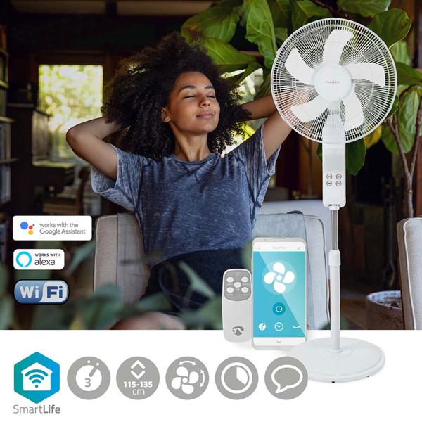 SmartLife WLAN Standventilator, 1,34 m Höhe, mit App & Fernbedienung: 3-Gang-Motor & Oszillation, weiss, intelligenter Komfort