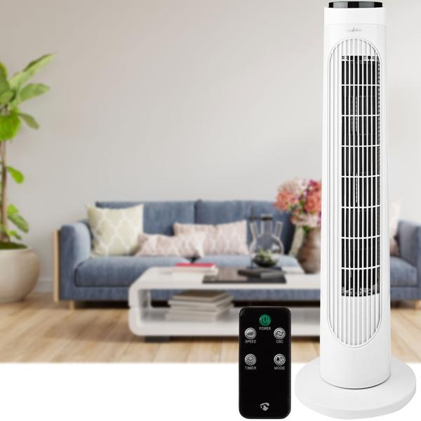 Leistungsstarker Turmventilator mit 3 Geschwindigkeitsstufen, Oszillation & Fernbedienung, leise & energiesparend, 50 W – ideal für Zuhause & Büro