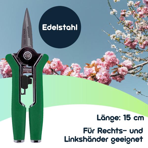 Praktische Gartenschere, 15cm, grün, Klinge aus rostfreiem Stahl - Ergonomischer Griff, für präzise Blüten- und Zweigschnitte