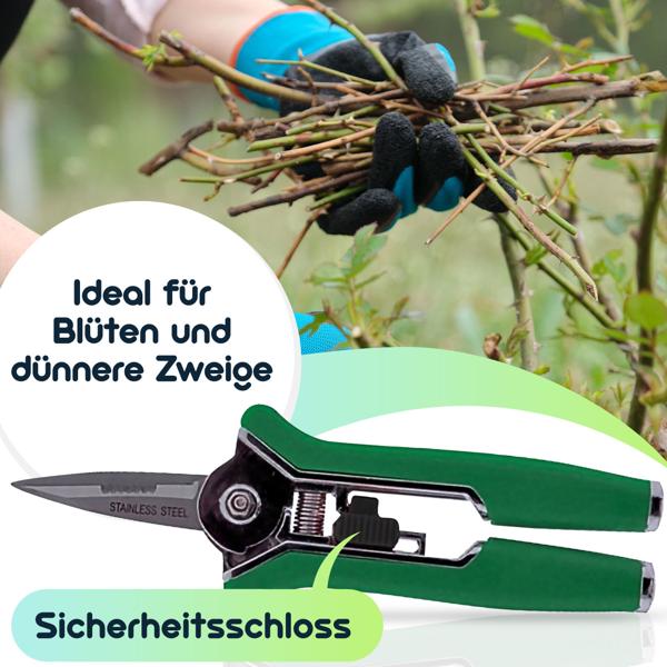 Praktische Gartenschere, 15cm, grün, Klinge aus rostfreiem Stahl - Ergonomischer Griff, für präzise Blüten- und Zweigschnitte