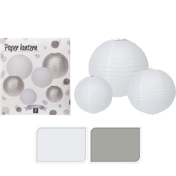 Papier-Lampions Set 6 Stück - 3 Grössen weiss & silber für Party Feste Kindergeburtstag Basteln - Mit Aufhängebügel LED-Kerzen nutzbar