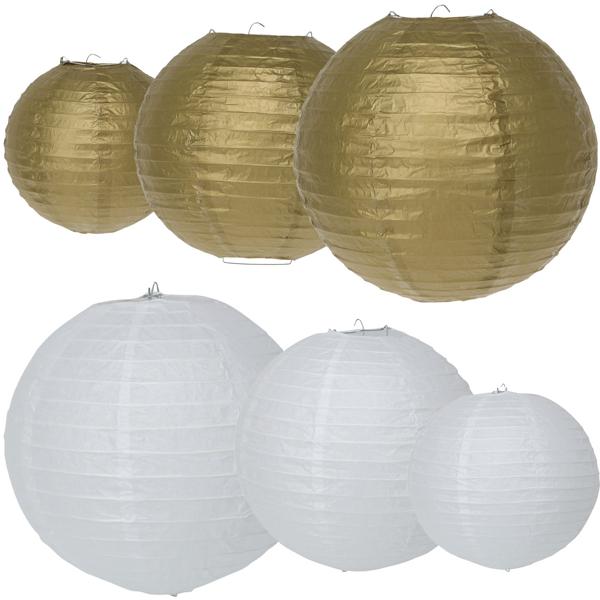 Papier-Lampions 6er-Set – 3 Grössen (20, 25, 30 cm) weiss & gold – stimmungsvolle Deko für Feste, Garten & Kindergeburtstage – robust & wetterfest