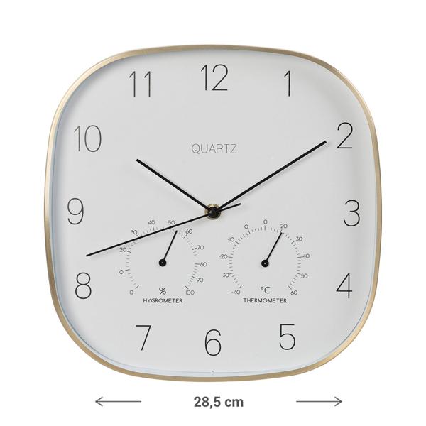 Wanduhr mit Thermo- und Hygrometer - Präzise Quarz-Uhrzeit, Raumtemperatur & Luftfeuchtigkeit für optimales Klima - Goldener Alu-Rahmen Ø 28,5 cm