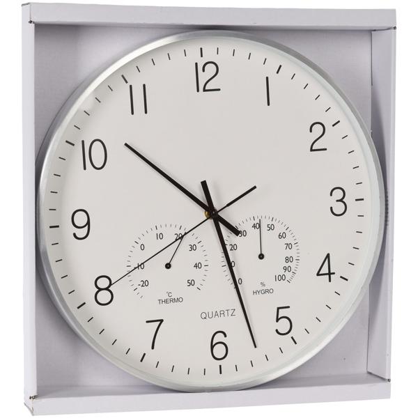 Wanduhr mit Thermo-Hygrometer - Aluminium-Rahmen silber Ø 38 cm - Präzise Zeitanzeige - Raumtemperatur-Luftfeuchtigkeit für Bad/Sauna