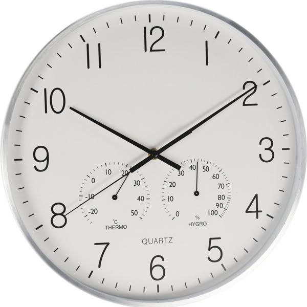 Wanduhr mit Thermo-Hygrometer - Aluminium-Rahmen silber Ø 38 cm - Präzise Zeitanzeige - Raumtemperatur-Luftfeuchtigkeit für Bad/Sauna