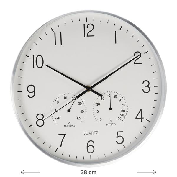 Wanduhr mit Thermo-Hygrometer - Aluminium-Rahmen silber Ø 38 cm - Präzise Zeitanzeige - Raumtemperatur-Luftfeuchtigkeit für Bad/Sauna