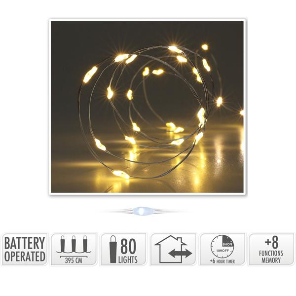 Silberdraht-Lichterkette, 80 LEDs, IP44, batteriebetrieben, warmweiss, L 395 cm