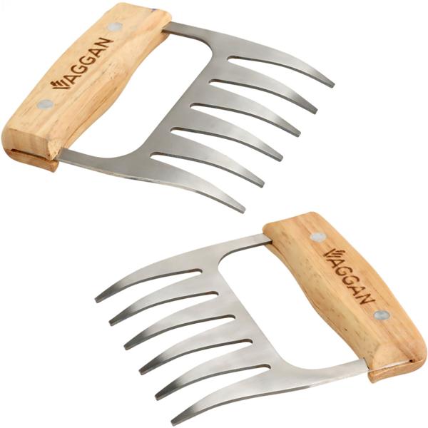 Fleischkrallen Edelstahl mit Holzgriff 2er-Set - Ideal für Pulled Pork, BBQ & Tranchieren - 6 scharfe Krallen je Tatze - Ergonomisch robust
