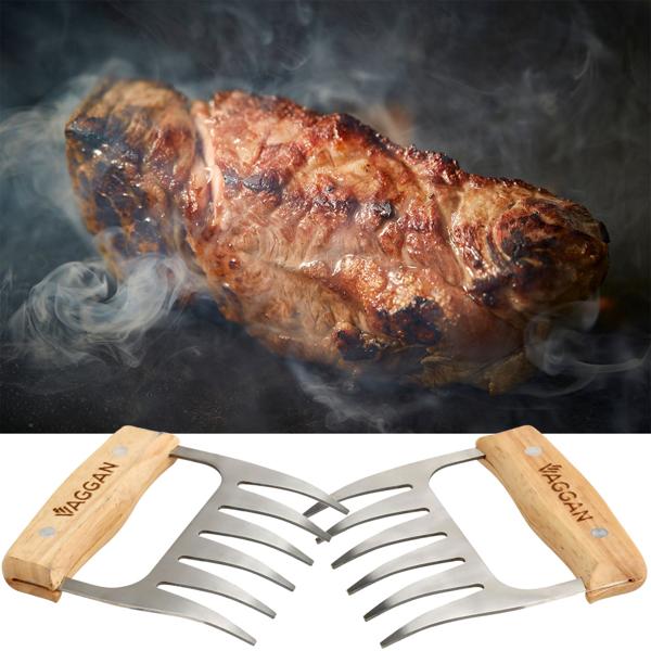 Fleischkrallen Edelstahl mit Holzgriff 2er-Set - Ideal für Pulled Pork, BBQ & Tranchieren - 6 scharfe Krallen je Tatze - Ergonomisch robust