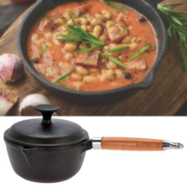 Gusseisen-Saucenpfanne mit Deckel, Ø 17cm, schwarz: Schmortopf mit Holzgriff-Optik – robust, langlebig, perfekt für kleine Portionen und Saucen