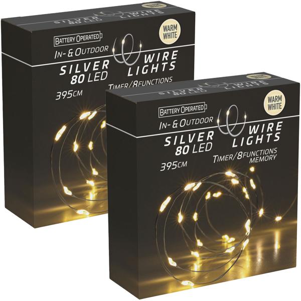 2er-Set Silberdraht-Lichterkette, 80 LEDs, IP44, batteriebetrieben, warmweiss, L 395 cm