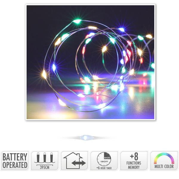 2er-Set Silberdraht-Lichterkette Bunt – 80 LEDs, IP44 Spritzwassergeschützt für Innen & Aussen – Timer & 8 Leuchtmodi – Batteriebetrieben – L 395 cm