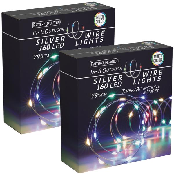 2er-Set Silberdraht-Lichterkette, 160 LEDs, IP44, batteriebetrieben, bunt, L 795 cm