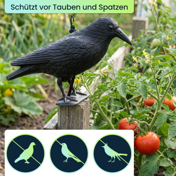 2er-Set Wetterfester Rabe in schwarz zur Vogelabwehr – 35 x 19 x 13 cm – Schutz vor Tauben & Spatzen, u.v.m.–langlebig & effektiv für Garten, Balkon & Dach