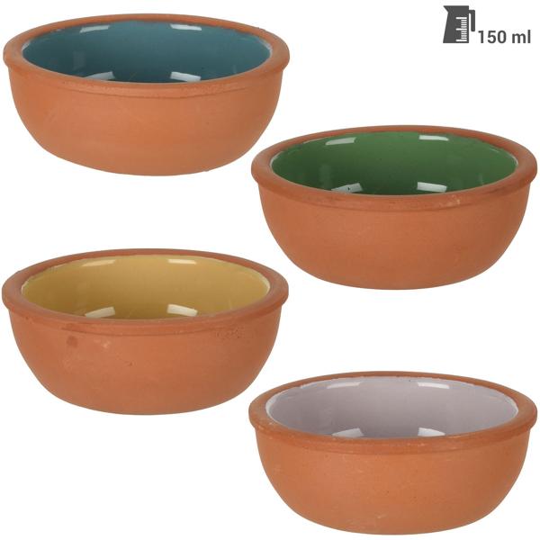 Tapas Schalen Set 4 Stück Terracotta - Ø 10x4 cm 160g je - Snackschalen mit glasierter Innenseite - Blau, Violett, Grau, Gelb - Robust & spülmaschinenfest