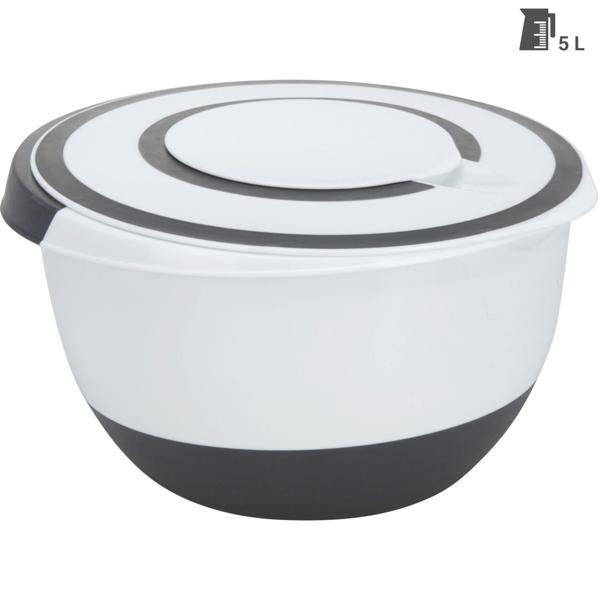 Praktische 5L Rührschüssel mit Deckel: Rutschfeste Küchenschüssel (weiss/schwarz) mit Ausgiesser & Griff für sauberes Arbeiten