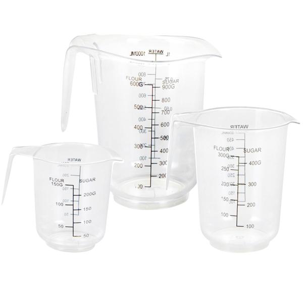 3er-Set Messbecher 1000ml-500ml-250ml - Präzises Abmessen für Backen-Kochen-Mixen - Polystyren-Kunststoff Transparent-Stapelbar-Griff-Ausgiesser