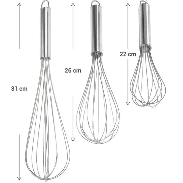 3-teiliges Handschneebesen-Set Edelstahl - Flexibel zum Schlagen von Eigelb, Sahne, Dressings - 3 Längen (31/26/22 cm) - Spülmaschinenfest