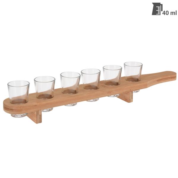 Schnapsbrett aus Bambus für 6 Schnapsgläser - Robust & langlebig - 40ml je Glas - Servierbrett mit Griff - Perfekt für Party, Bar, Geburtstag - 45x6x6 cm