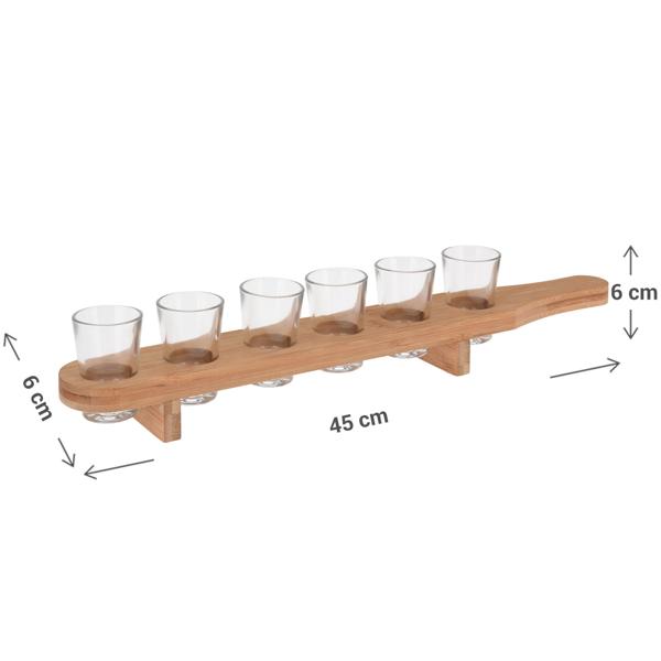 Schnapsbrett aus Bambus für 6 Schnapsgläser - Robust & langlebig - 40ml je Glas - Servierbrett mit Griff - Perfekt für Party, Bar, Geburtstag - 45x6x6 cm