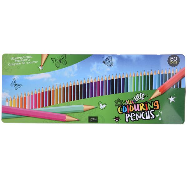 50 Buntstifte Komplett-Set in Metallbox - Riesige Farbauswahl für Kinder - Sechskantige Form, ab 3 Jahren - Ideal für Reisen & Ausflüge