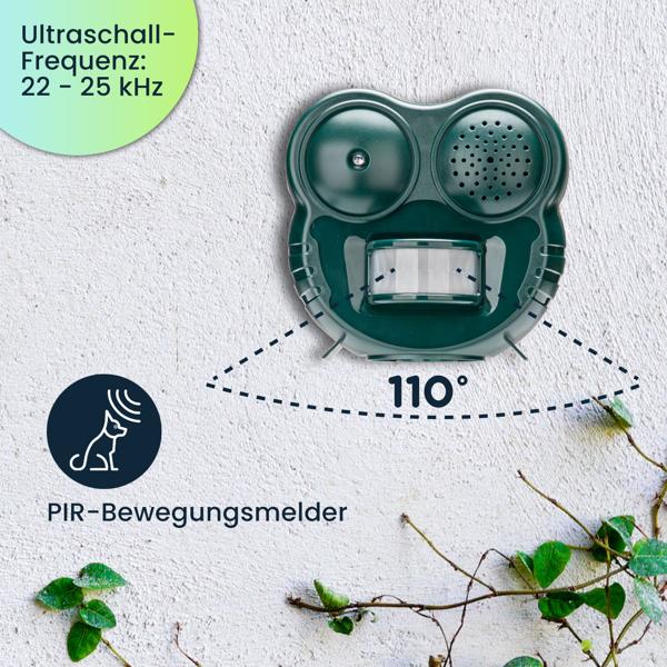 Wirkungsvolle Ultraschall Tierabwehr mit LED-Blitzlicht & PIR-Sensor – 2-in-1 Tierschreck, 70 m² – Vertreibt Katzen, Hunde & Wildtiere