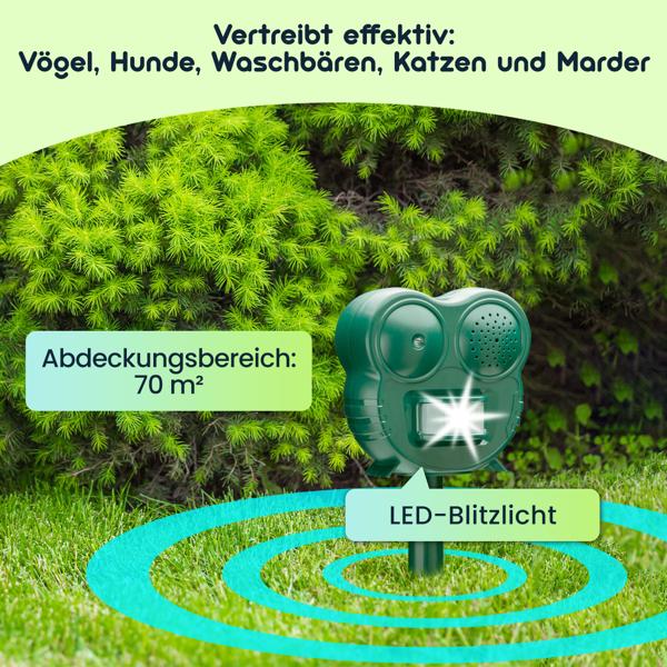 Wirkungsvolle Ultraschall Tierabwehr mit LED-Blitzlicht & PIR-Sensor – 2-in-1 Tierschreck, 70 m² – Vertreibt Katzen, Hunde & Wildtiere