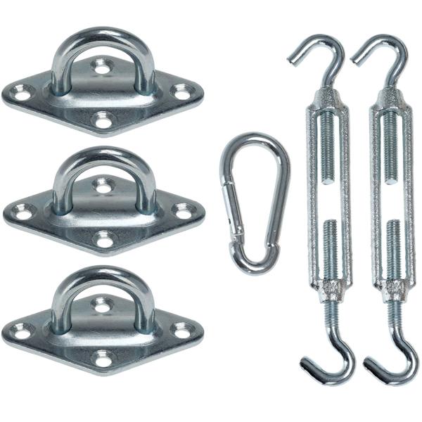 Befestigungs-Set 6-teilig für dreieckige Sonnensegel - UV-Schutz auf Balkon & Terrasse - Zinkmetall-Montageset - Spannanker Halte-Ösen Karabiner