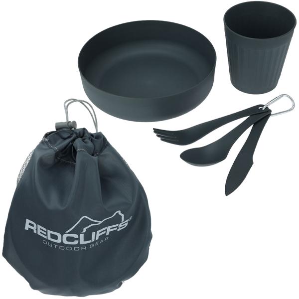 Tragbares 5-tlg. Camping Geschirr Set Schwarz mit Aufbewahrungsbeutel: Hygienisch & praktisch für Camping, Wandern & Festivals, robust & wiederverwendbar