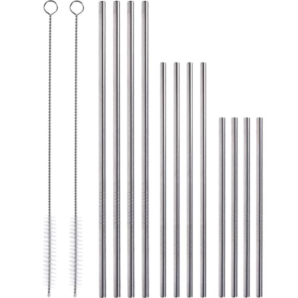 Edelstahl Trinkhalme 14-teilig - 3 Grössen & 2 Reinigungsbürsten - Spülmaschinenfest & wiederverwendbar - Für Cocktails & Gartenpartys - Ø 6 x 215 mm