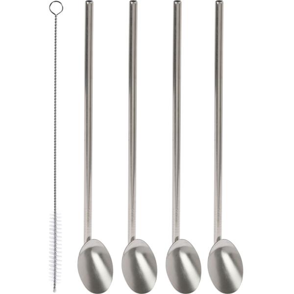 2in1 Trinkhalm-Löffel 5er-Set Edelstahl - Wiederverwendbar für Eiskaffee, Cocktails & Heissgetränke - Inkl. Reinigungsbürste, 21.5x0.6 cm
