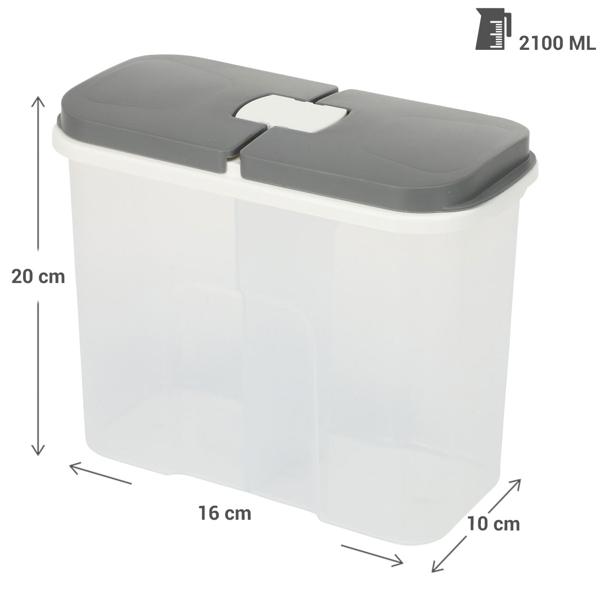 Vorratsdose 2 Fächer 2100 ml - Ideale Aufbewahrung Müsli Mehl Zucker Reis - Schutz Motten Staub - Hygienische Trennung - Weiss Grau 20x10x16cm