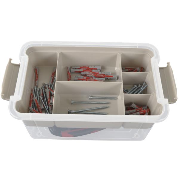 Aufbewahrungsbox mit Organizer, 5 Liter, transparent/grau - Transparente Ordnungsbox mit Deckel und Einsatz – Stabile Universalkiste für Büro, Bad, Küche