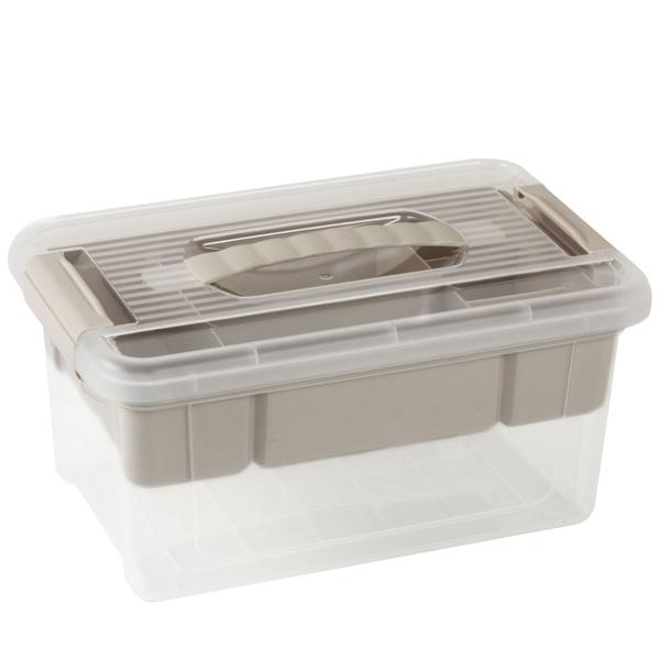 Aufbewahrungsbox mit Organizer, 5 Liter, transparent/grau - Transparente Ordnungsbox mit Deckel und Einsatz – Stabile Universalkiste für Büro, Bad, Küche