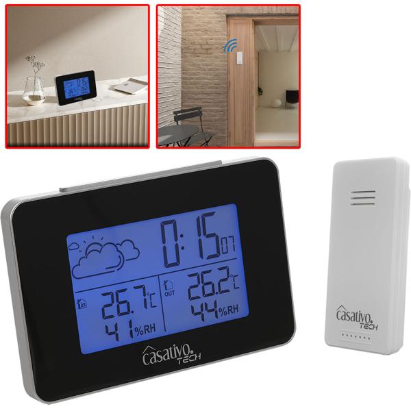 Funk Wetterstation mit Aussensensor, Wettervorhersage & Funkwecker, kabellos, Thermometer u. Hygrometer inkl. Funkuhr und Datumsanzeige