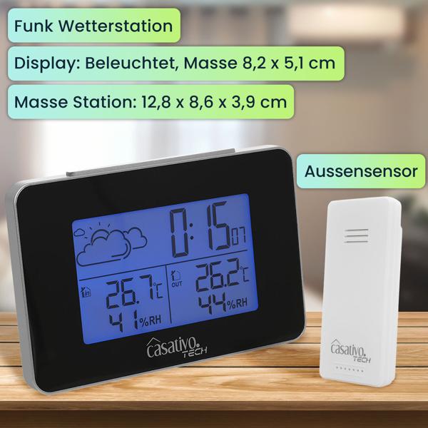 Funk Wetterstation mit Aussensensor, Wettervorhersage & Funkwecker, kabellos, Thermometer u. Hygrometer inkl. Funkuhr und Datumsanzeige