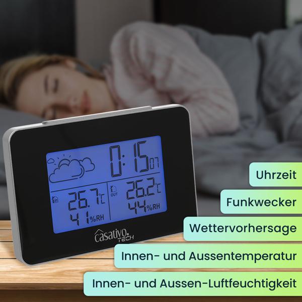 Funk Wetterstation mit Aussensensor, Wettervorhersage & Funkwecker, kabellos, Thermometer u. Hygrometer inkl. Funkuhr und Datumsanzeige