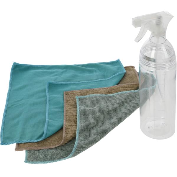 Sprühflasche 750ml & 3 Mikrofasertücher - Reinigungsset für Fenster & Spiegel - glasklare Sicht - 30x30 cm Tücher - Ø 7x30 cm Flasche